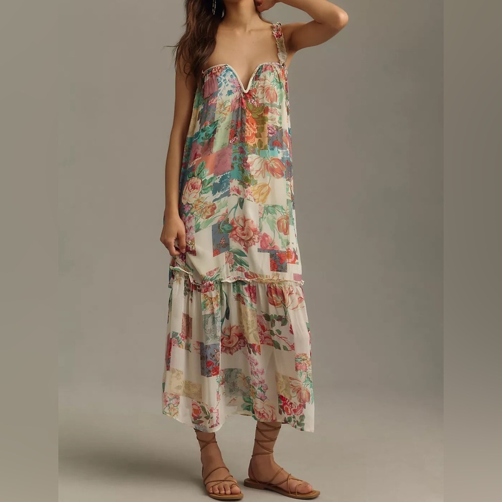 Anthropologie Chiffon Shift Midi Dress Boho Floral Ruffle Wire Neckline Flowy XL